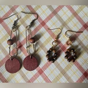 Natural Wood & Tiger Eye Beaded Earrings – Set of 2 Pairs